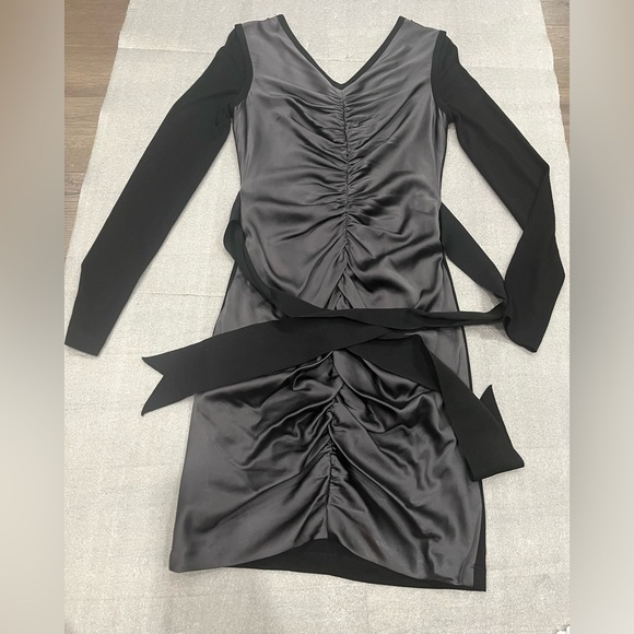 [US4]Vera Wang collection Gray Black Silk Blend Ruched Tie Sheath Dress Satin - Picture 1 of 9
